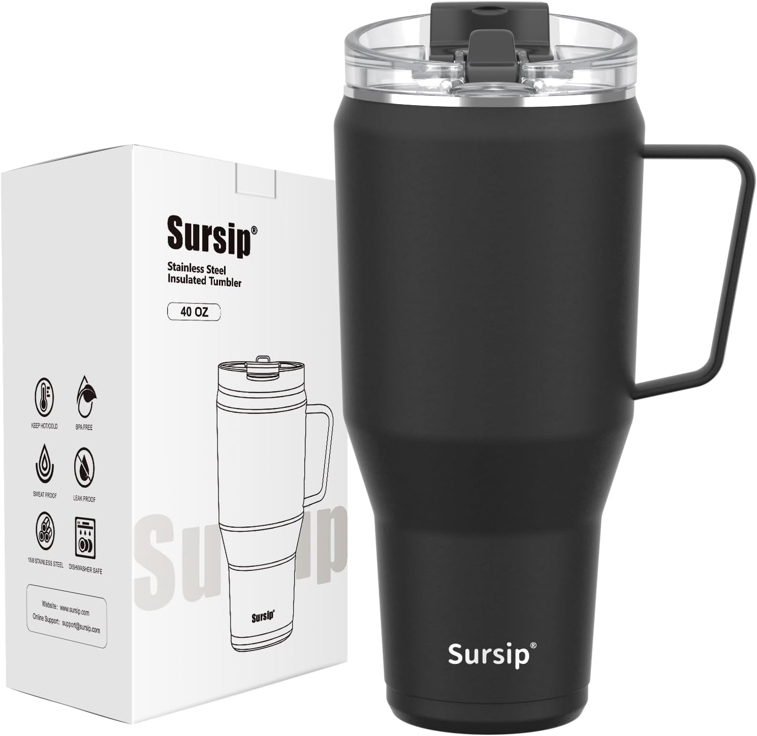 Sursip Vaso aislado de 40 onzas con mango de acero inoxidable y tapa con popote 2 en 1, taza de viaje de acero inoxidable de doble pared a prueba de