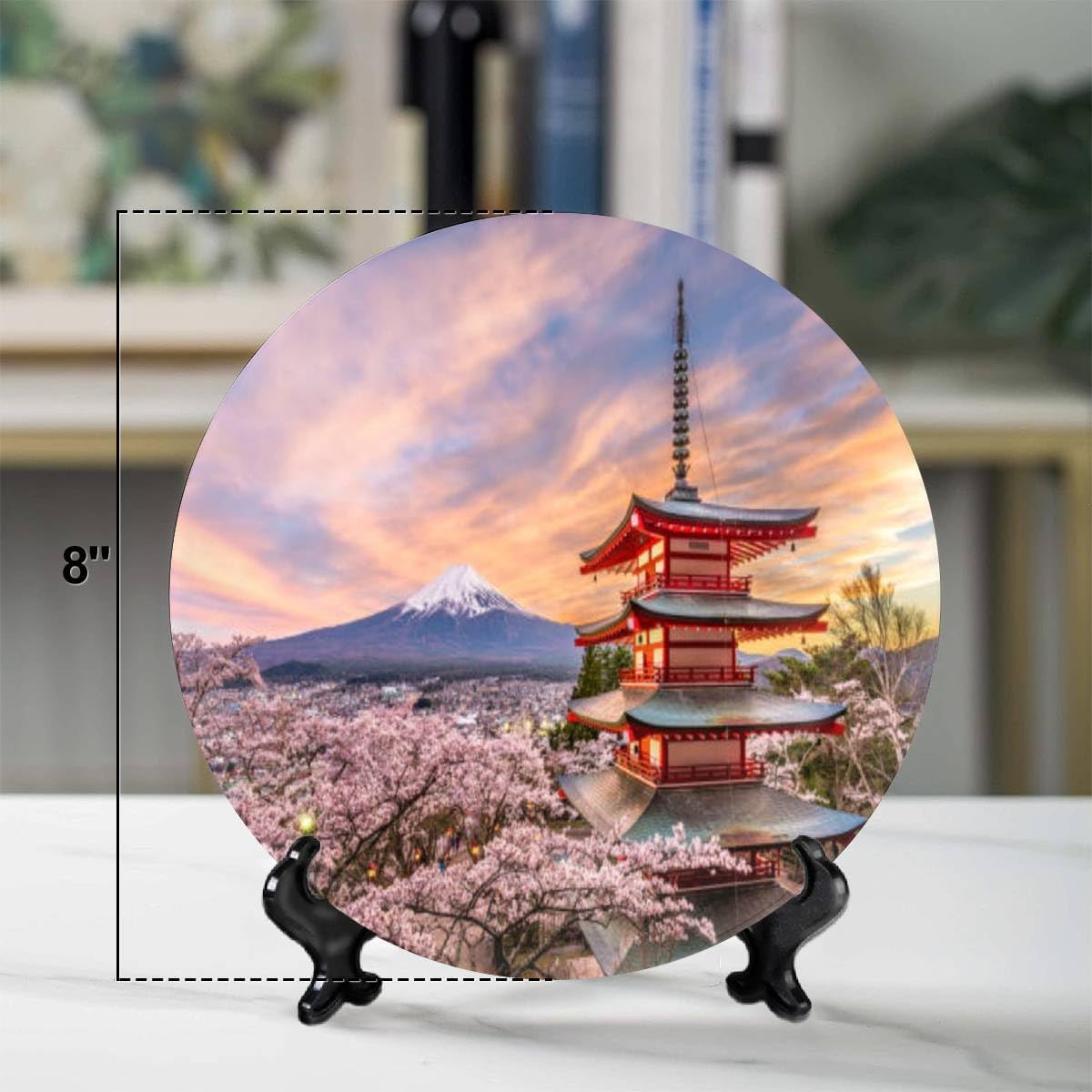 Platos decorativos para exhibición de 8 pulgadas, adorno de cerámica de primavera japonesa con soporte de exhibición y gancho para decoración de