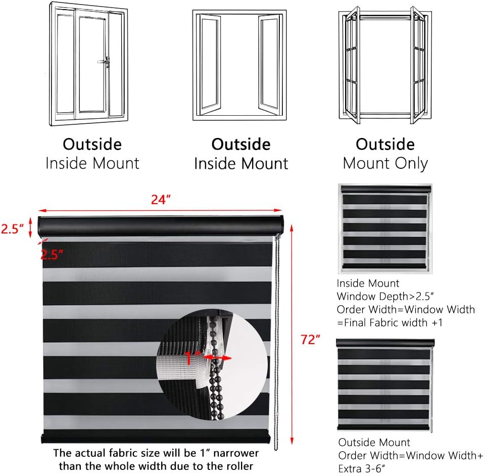 LUCKUP Zebra – Persianas enrollables dobles con cubierta de cenefa, cortinas para día y noche (24 pulgadas de ancho x 72 pulgadas de alto, negro)