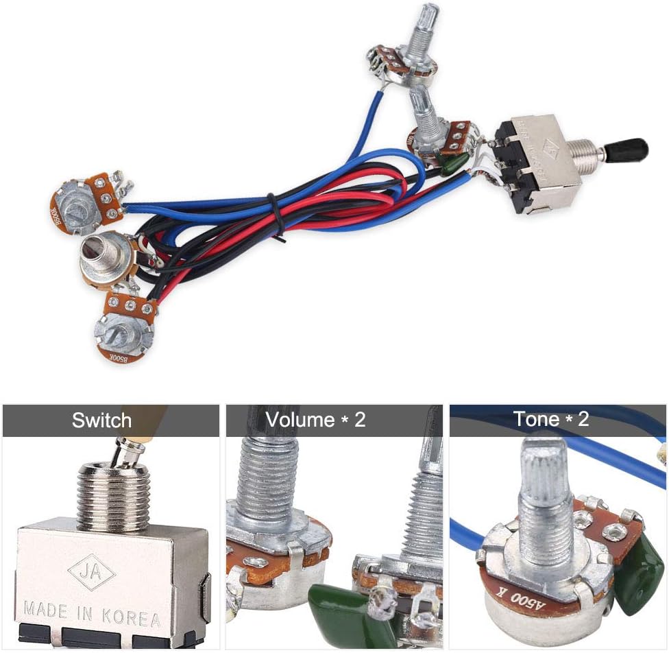 Alomejor Arnés de cableado para guitarra, 500K, ollas de 3 vías 2V2T, kit de arnés de cableado para Electirc Guitarra Bajo Musicains Regalo