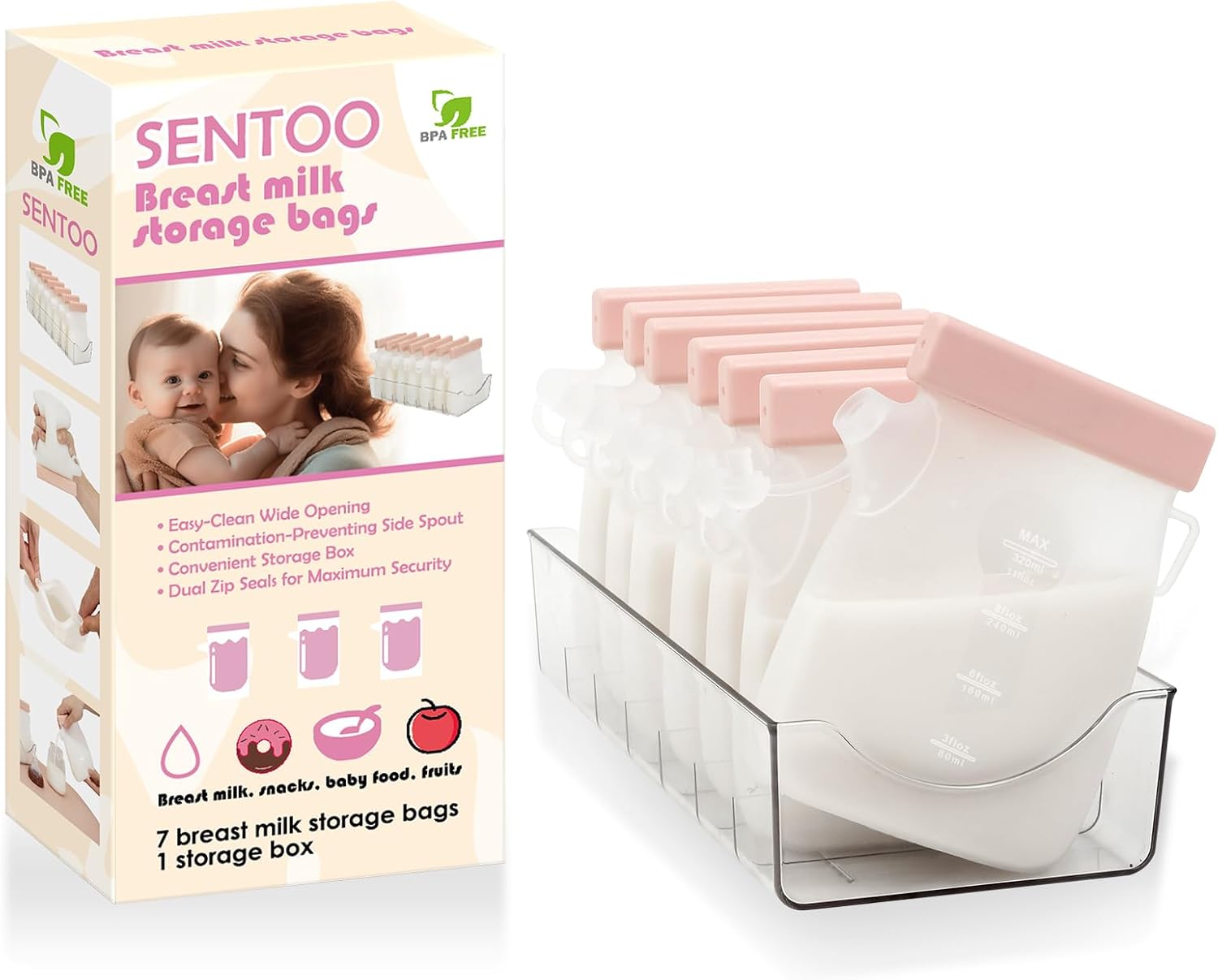 Bolsas de almacenamiento de leche materna de silicona reutilizables, bolsas de almacenamiento de leche materna de 8 onzas, sin BPA, bolsas de