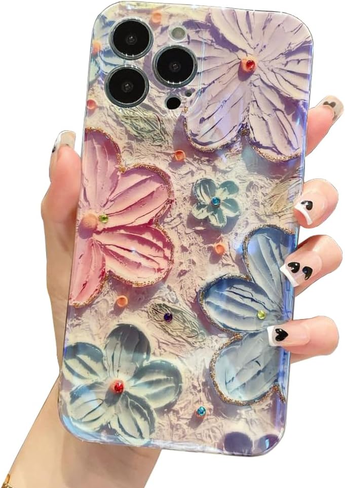 EYZUTAK Funda para iPhone 12, colorida pintura al óleo retro flor rayo láser patrón brillante lindo exquisito floral flor teléfono cubierta elegante