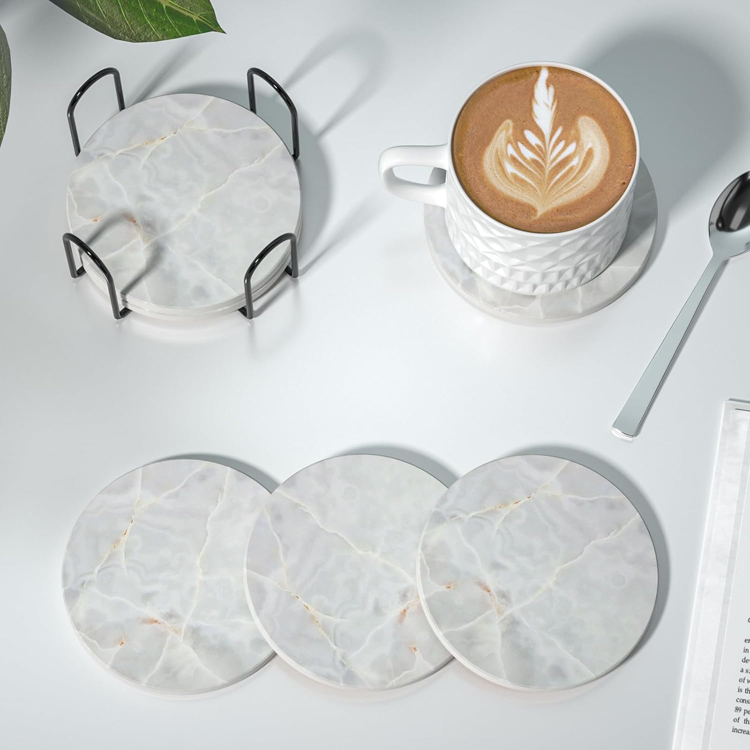 BUYAOBL Posavasos absorbentes con soporte, juego de 6 posavasos absorbentes, posavasos de ágata de cerámica de mármol, base de corcho para mesa de