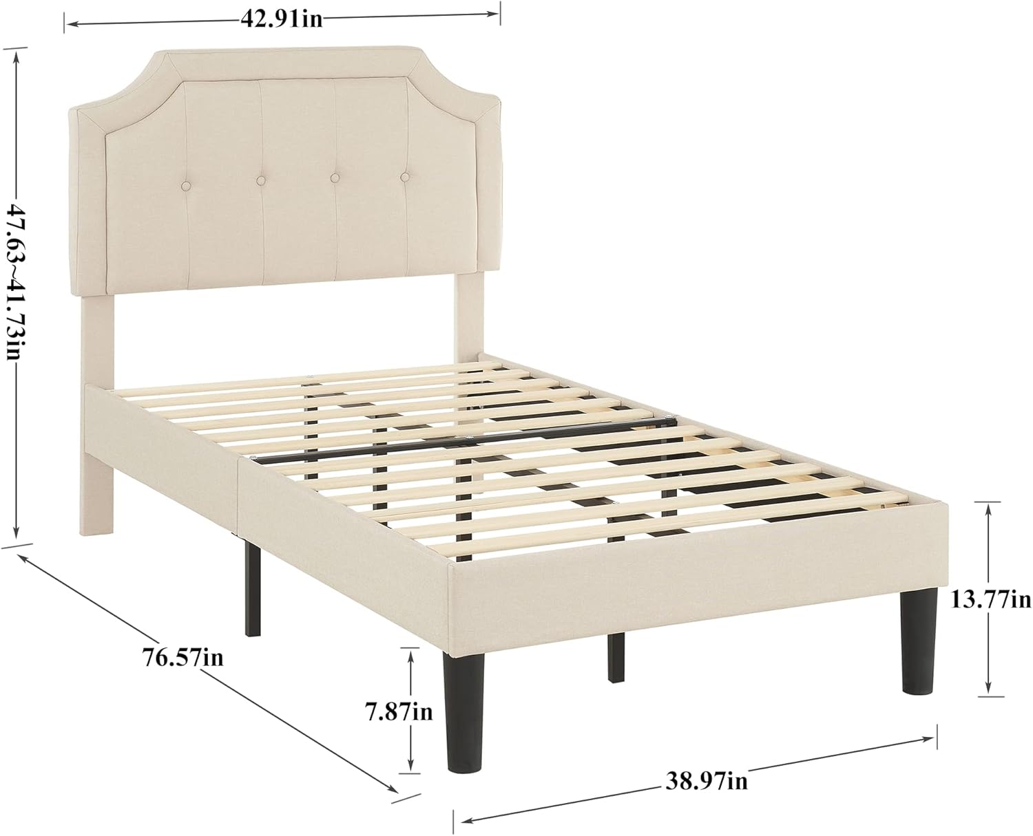 VECELO Base de cama de plataforma tapizada individual con cabecera de panel cosida con botón ajustable, soporte de listones de madera fuerte, diseño