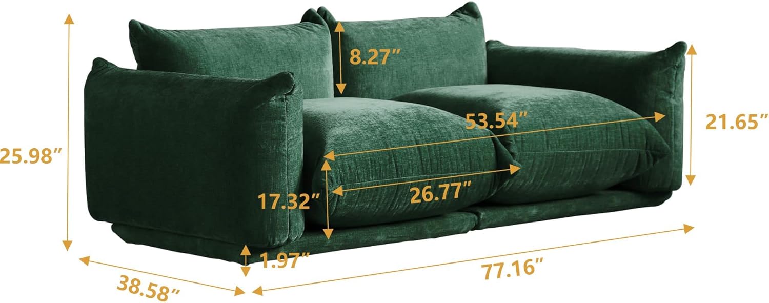 Sofá biplaza moderno de chenilla, sofá tapizado de felpilla de mediados de siglo para sala de estar, apartamento oficina (77.16 pulgadas, verde)