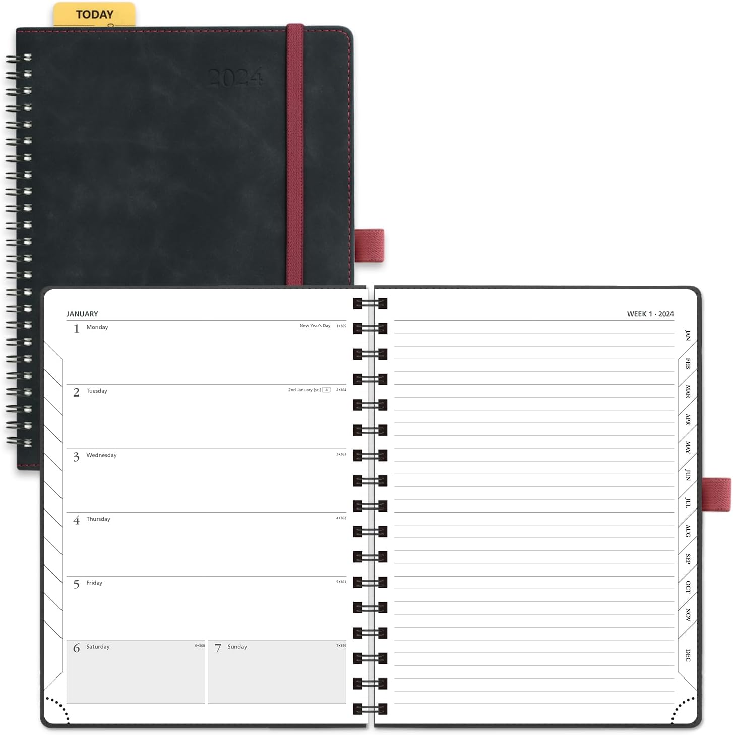 POPRUN Agenda 2024 – Agenda semanal de 8.5 x 6.5 pulgadas, agenda 2024 con pestañas mensuales, cubierta suave en espiral, bolsillo interior, 3.53