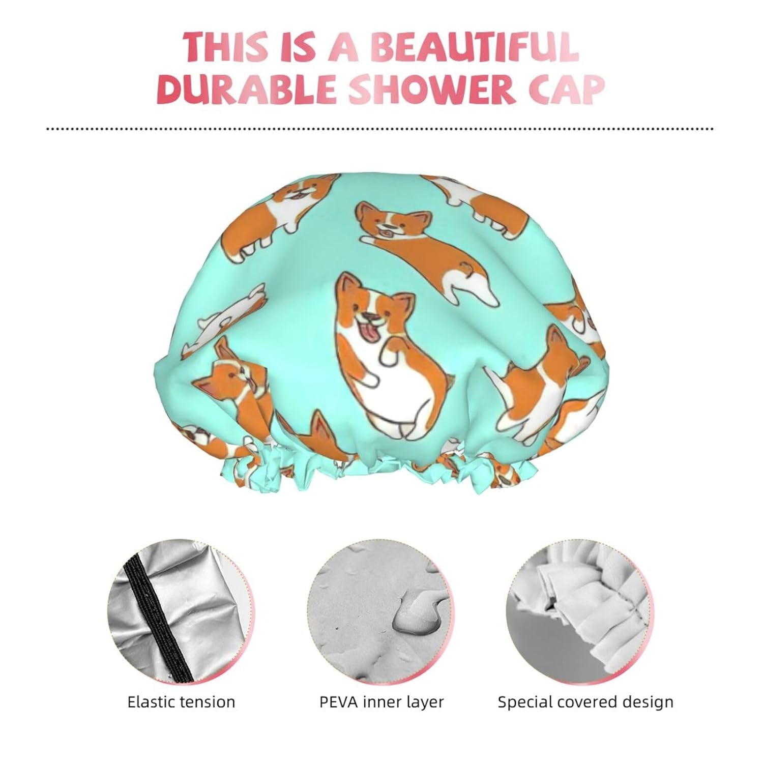 Corgi – Gorro de ducha impermeable de doble capa con estampado de perro, adecuado para todas las longitudes de cabello (10.6 x 4.3 pulgadas)