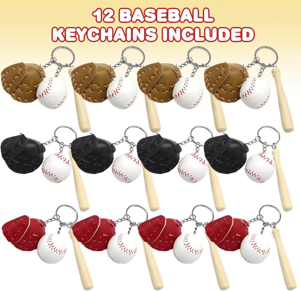 ArtCreativity Llaveros de béisbol para niños, juego de 12, llaveros de madera de bate de béisbol con una pelota y manopla, recuerdos de fiesta de