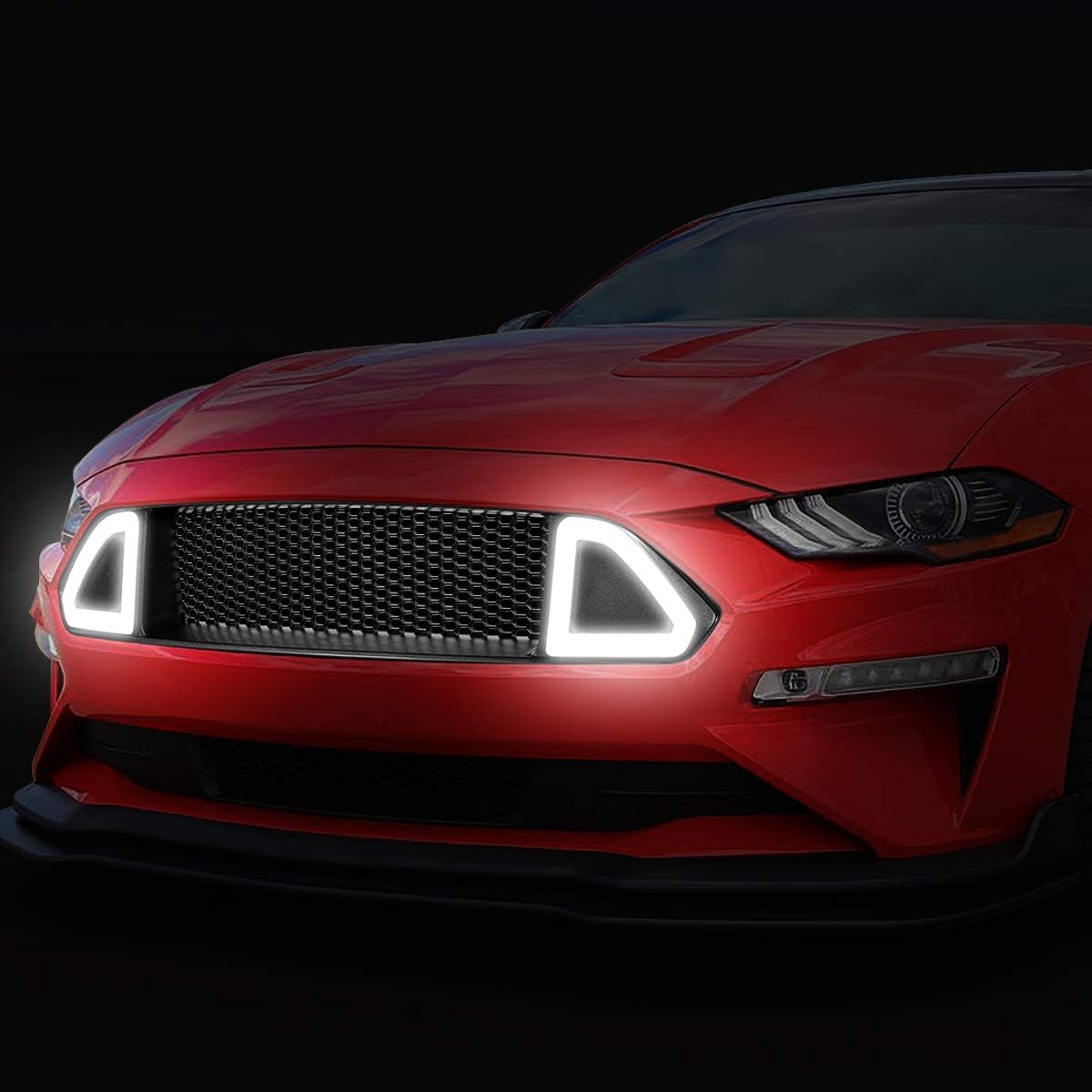 DNA MOTORING GRF-LB-FM18-T2W-FU – Rejilla de parachoques frontal de tubo LED blanco triangular de panal compatible con base Mustang 18-20, Ecoboost,