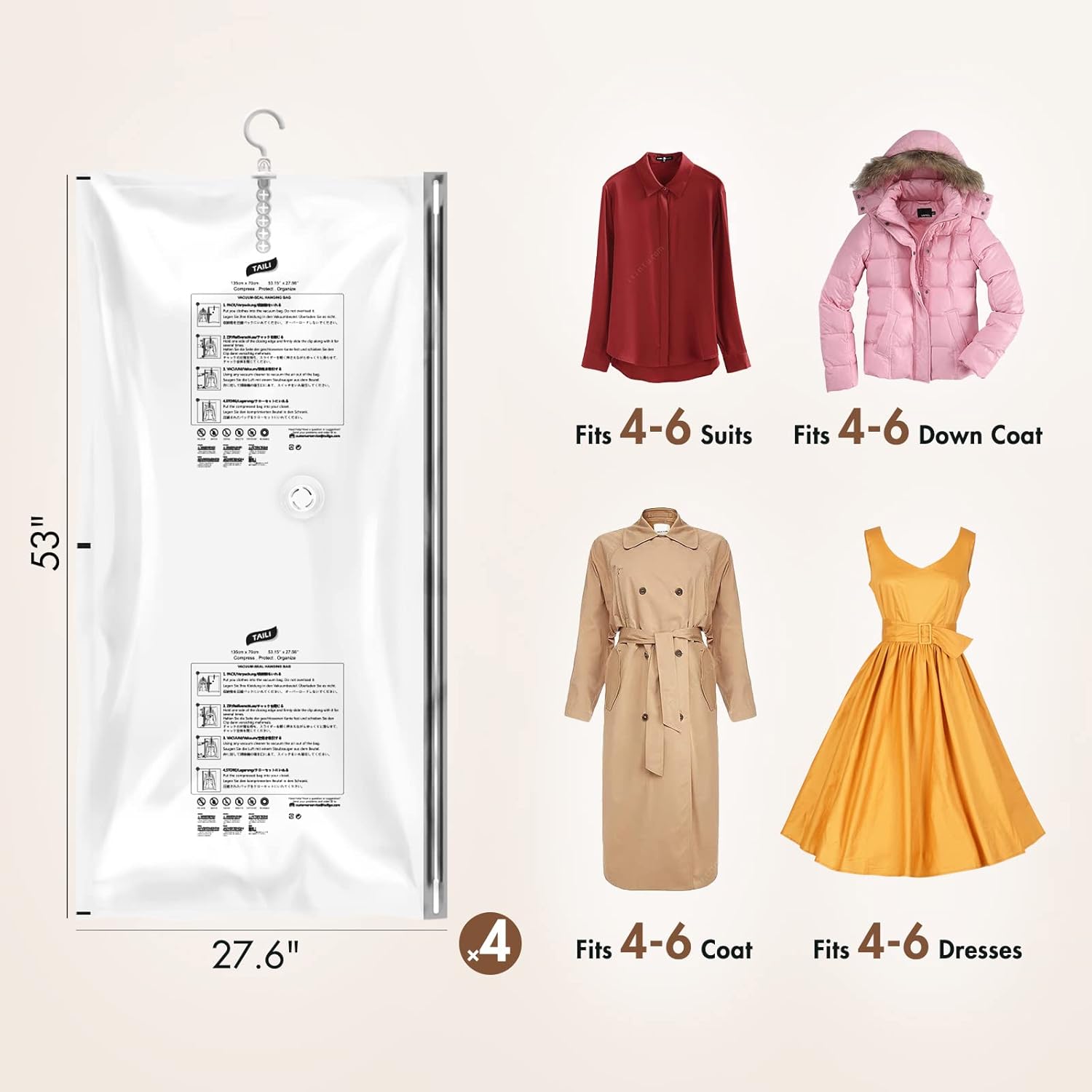 LEVERLOC Bolsas colgantes de almacenamiento al vacío para ropa, transparentes, paquete de 4 bolsas de almacenamiento de sellado al vacío para ropa,
