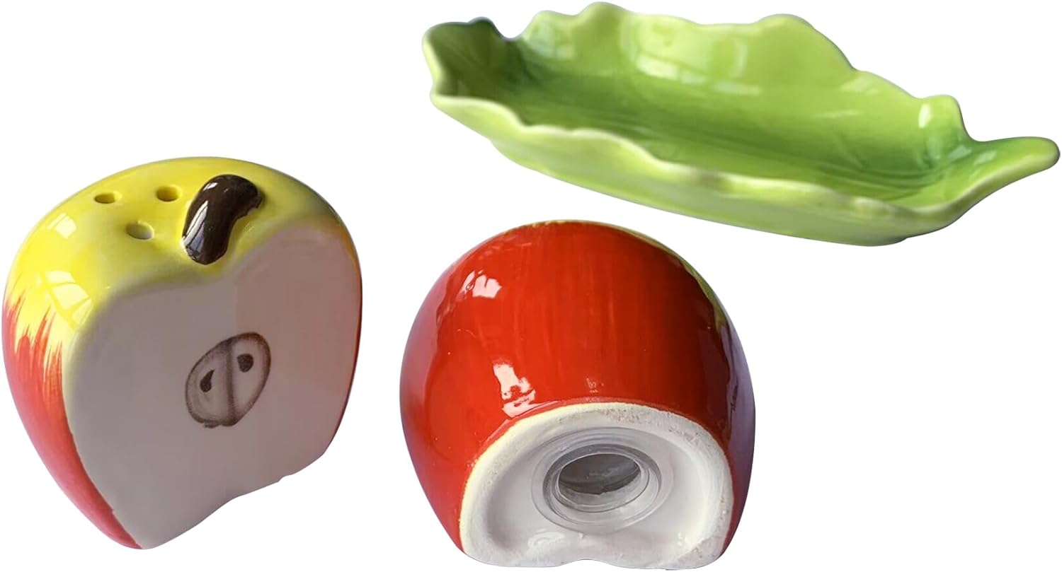 Juego de 2 saleros y pimenteros de frutas de cerámica, recipientes de almacenamiento para dispensadores de especias, manzana