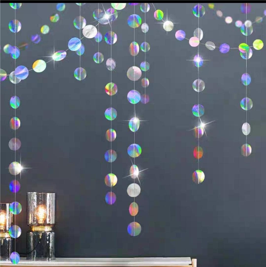 JEYE Guirnalda de papel iridiscente con purpurina plateada con puntos circulares y serpentinas para decoración de fiestas, telón de fondo para