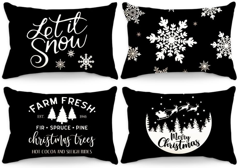 JOJOGOGO Juego de 4 fundas de almohada lumbar de Navidad en blanco y negro de 12 x 20 pulgadas, decoración de Navidad negra, copo de nieve, árbol de