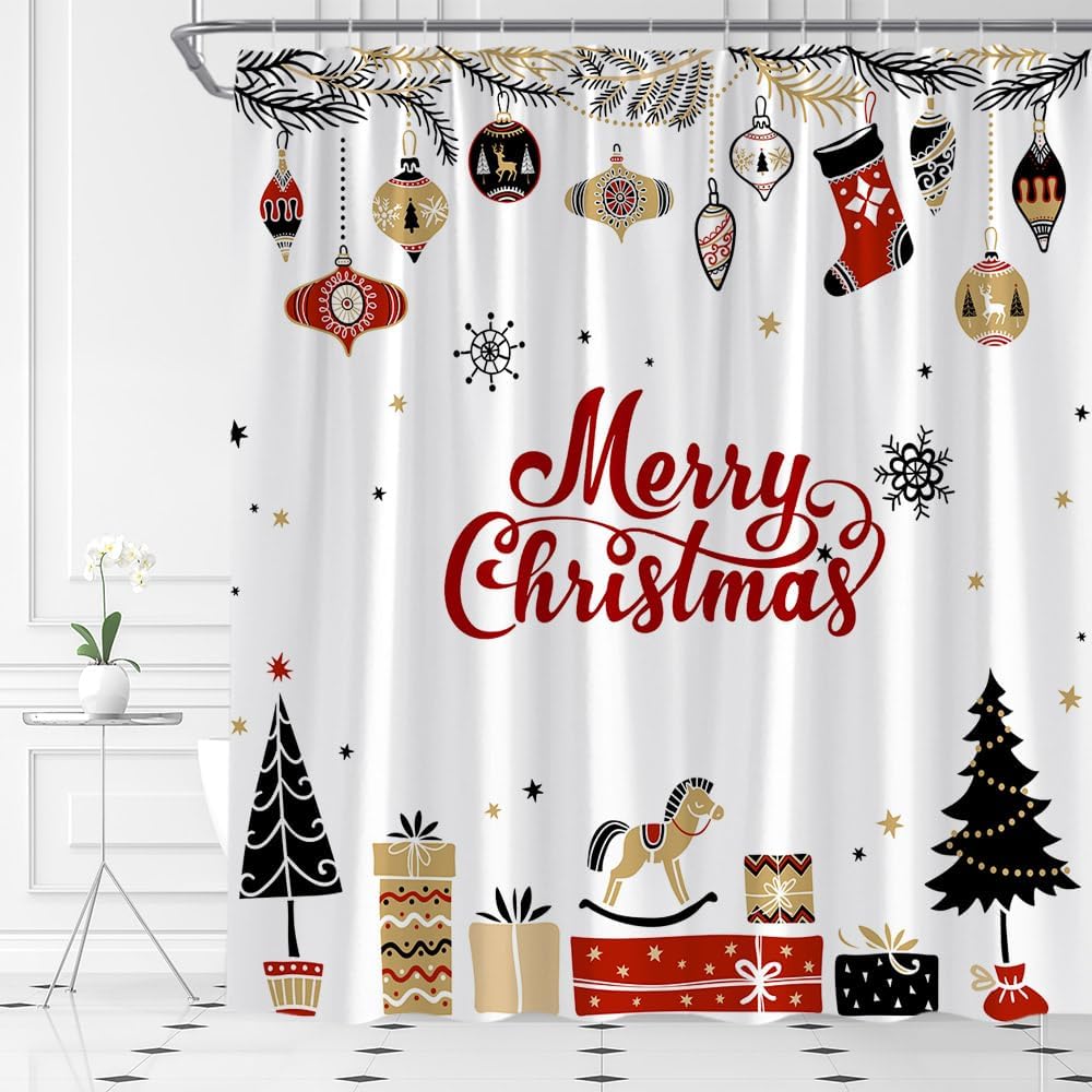 Cortina de ducha con diseño de árbol de Navidad, diseño de copos de nieve, juego de cortina de baño de tela con ganchos