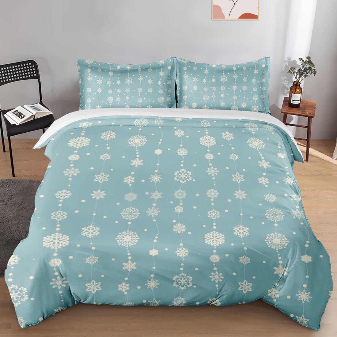 Juego de funda de edredón, copos de nieve de Navidad, juego de ropa de cama azul retro para niños y adultos, decoración de dormitorio, juego de
