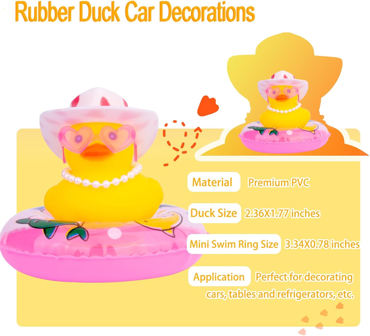Adornos de pato amarillo para automóvil, decoración de tablero de automóvil con gafas de amor, mini anillo de natación, sombrero de sol, collar para