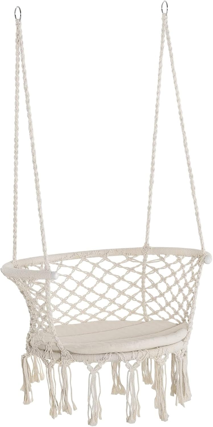 Outsunny – Silla hamaca de cuerda de algodón, hamaca colgante con marco de metal y cojín, asiento grande de macramé, patio, jardín, dormitorio, sala
