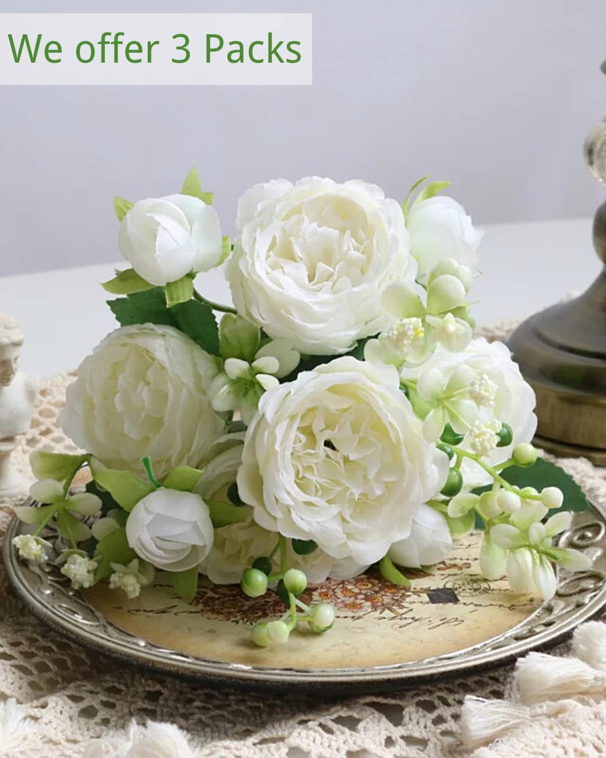 ASTRYAS Flores artificiales blancas, 3 piezas de centros de mesa de peonía falsas para decoración, peonías de seda, ramo de novia de boda para