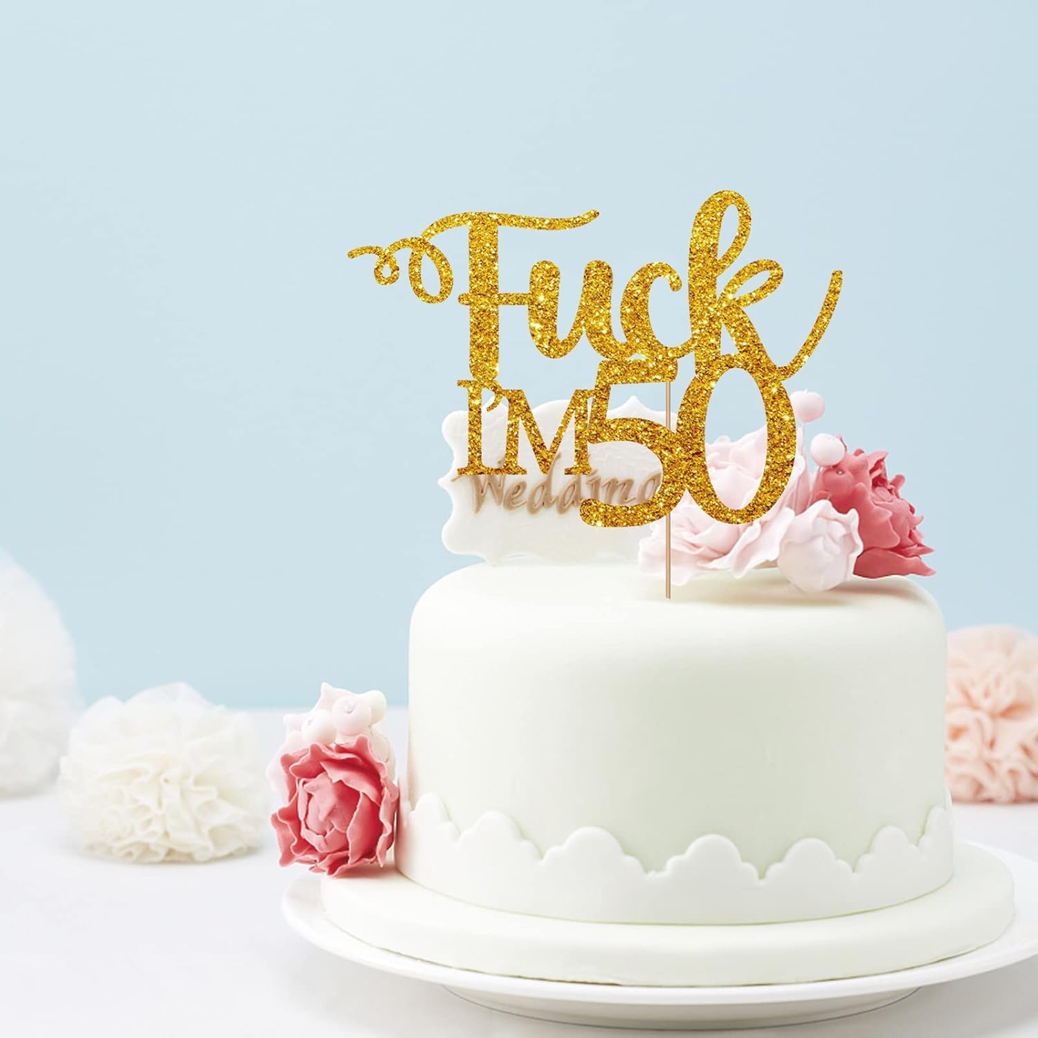 Decoración de pastel dorada para decoración de pastel de cumpleaños 50, decoración de pastel Fuck I’m 50, decoración de 50 pasteles con purpurina