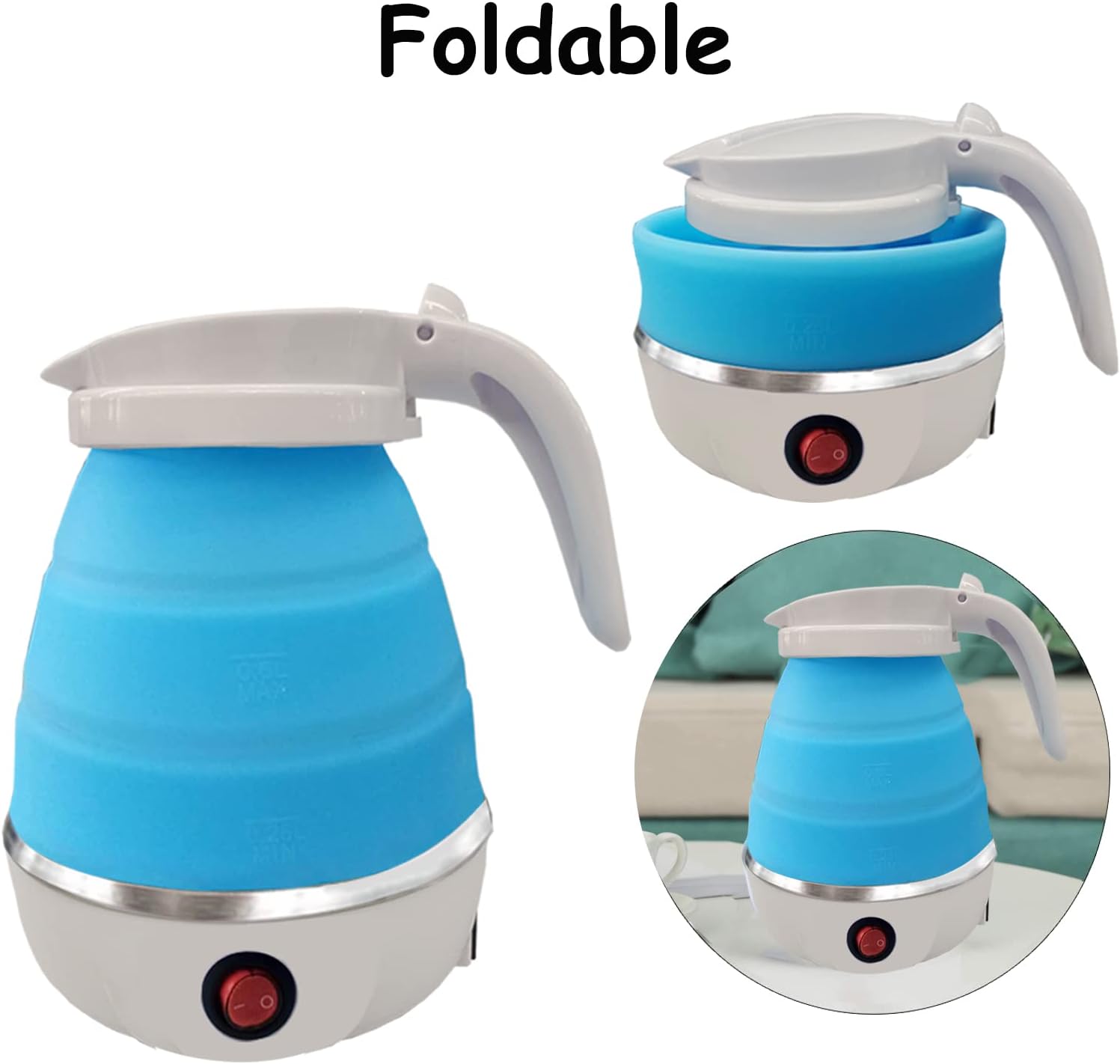 Hervidor eléctrico portátil plegable con silicona de grado alimenticio, 6 minutos de agua de ebullición rápida para acampar o viajar, hervidor