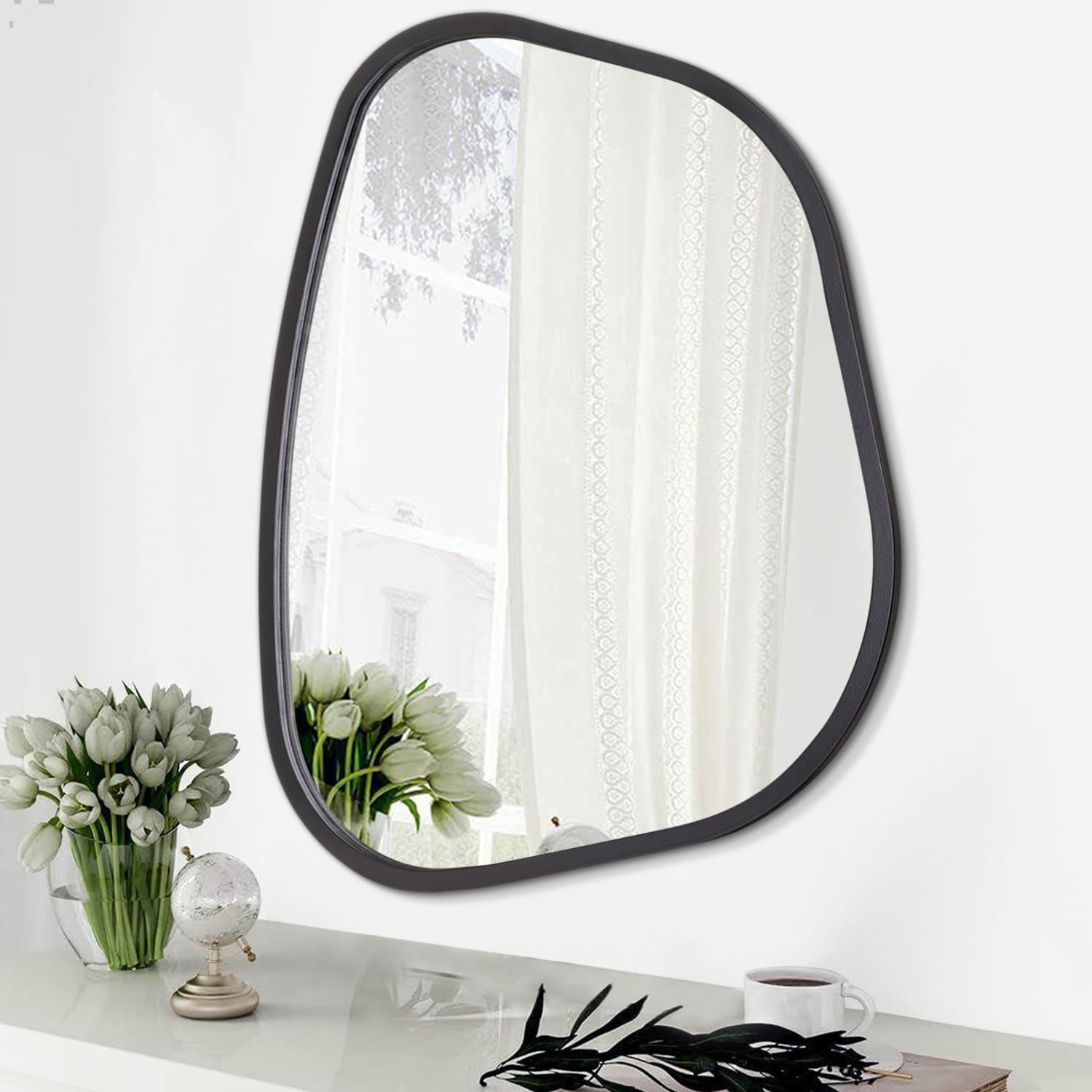 Espejo asimétrico negro grande de 20 x 16 pulgadas, espejo de pared ovalado irregular, marco de madera moderno, forma única, espejo artístico