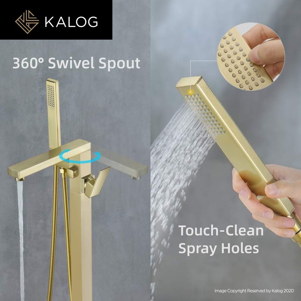 Kalog Grifo de bañera independiente de una sola manija con ducha cuadrada de mano (dorado cepillado)