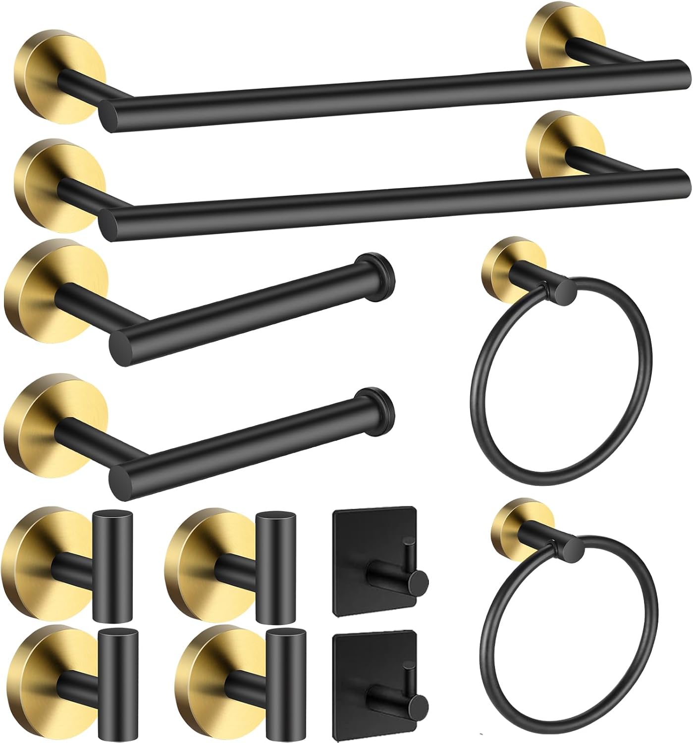 Juego de toallas de baño, juego de accesorios de baño negro y dorado, 12 piezas de accesorios de baño de acero inoxidable, incluye 2 toalleros de 16