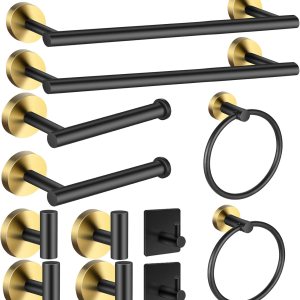 Juego de toallas de baño, juego de accesorios de baño negro y dorado, 12 piezas de accesorios de baño de acero inoxidable, incluye 2 toalleros de 16 Juego de toallas de baño, juego de accesorios de baño negro y dorado, 12 piezas de accesorios de baño de acero inoxidable, incluye 2 toalleros de 16
