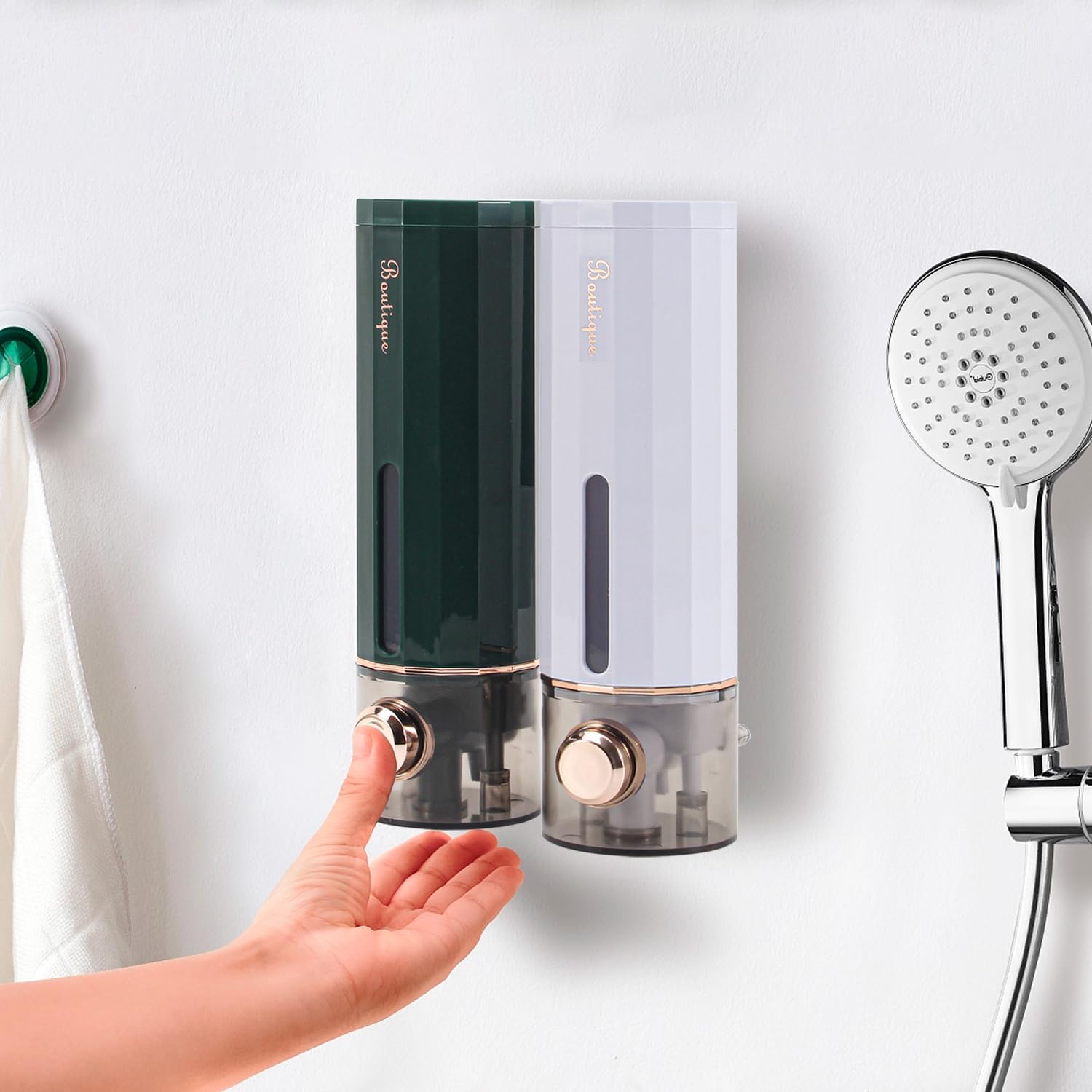 Dispensador de ducha de montaje en pared sin taladro, 15 onzas líquidas, para champú, jabón y acondicionador, ideal para hoteles comerciales,