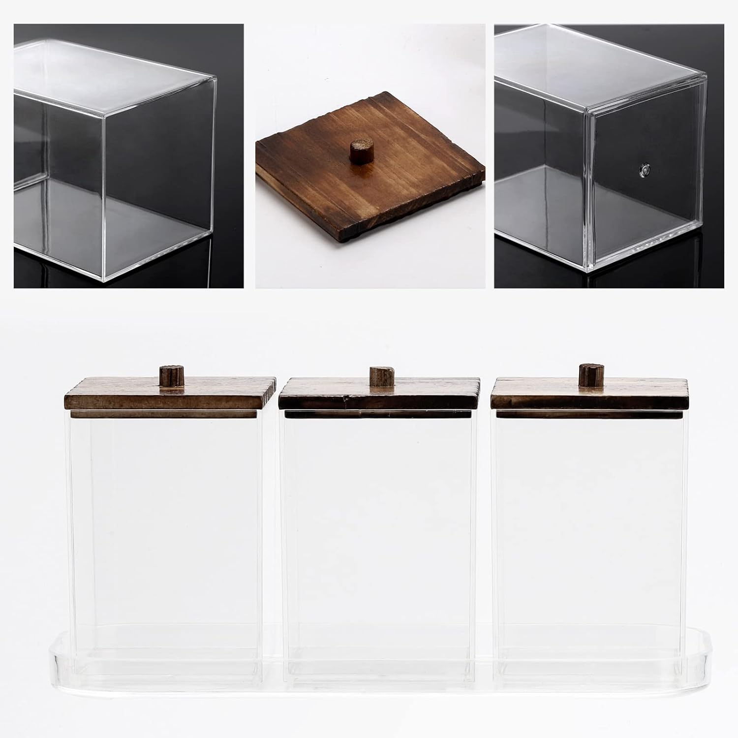 Tbestmax Qtip Apothecary – Soporte para hisopo de algodón, 12 onzas, recipiente de baño transparente para almacenamiento, 4 tapas de madera negra