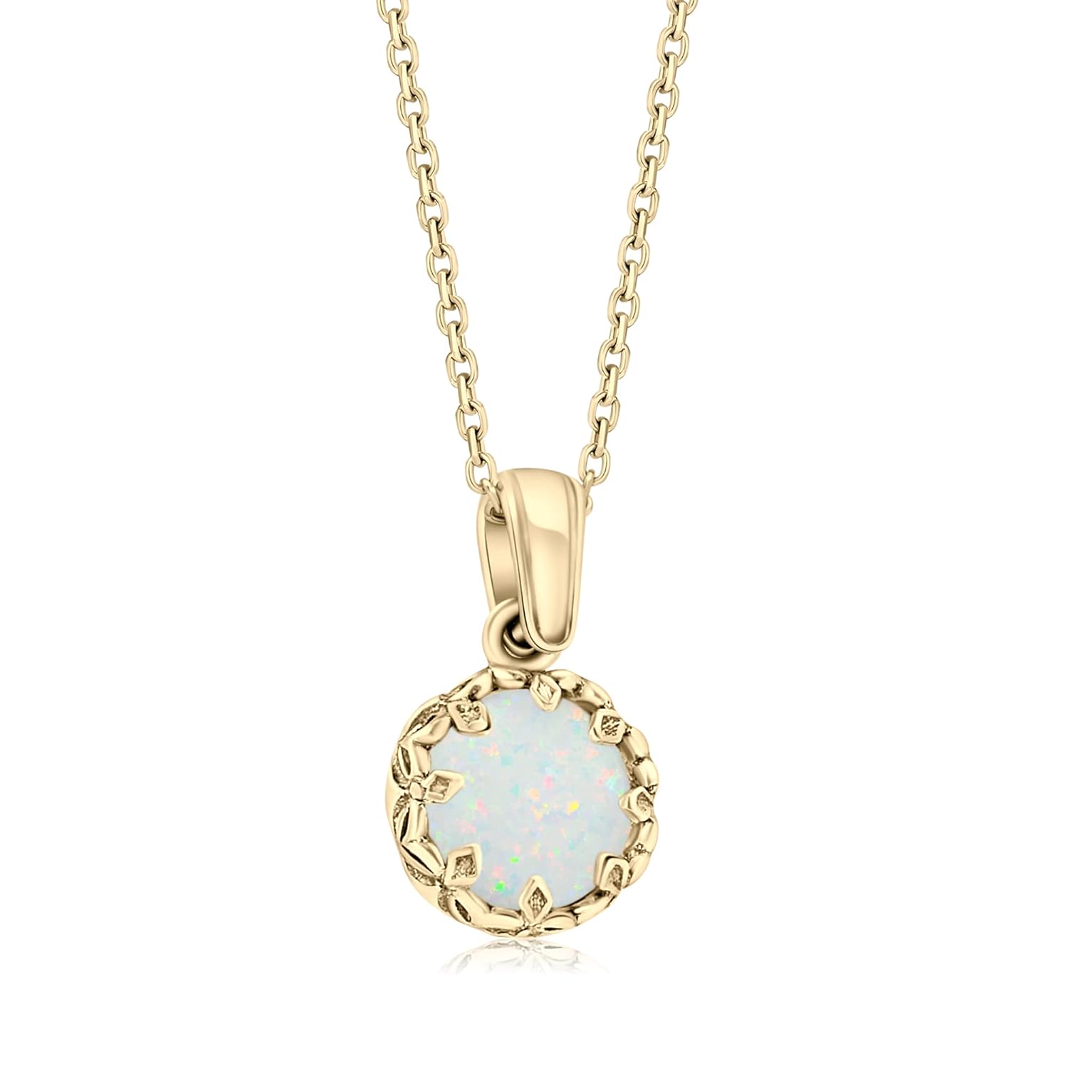 White Opal Pendant Necklace for Women in 14k Yellow Gold Plated on 925 Sterling Silver – October Birthstone 8mm Round Cut Gemstone – Vintage
