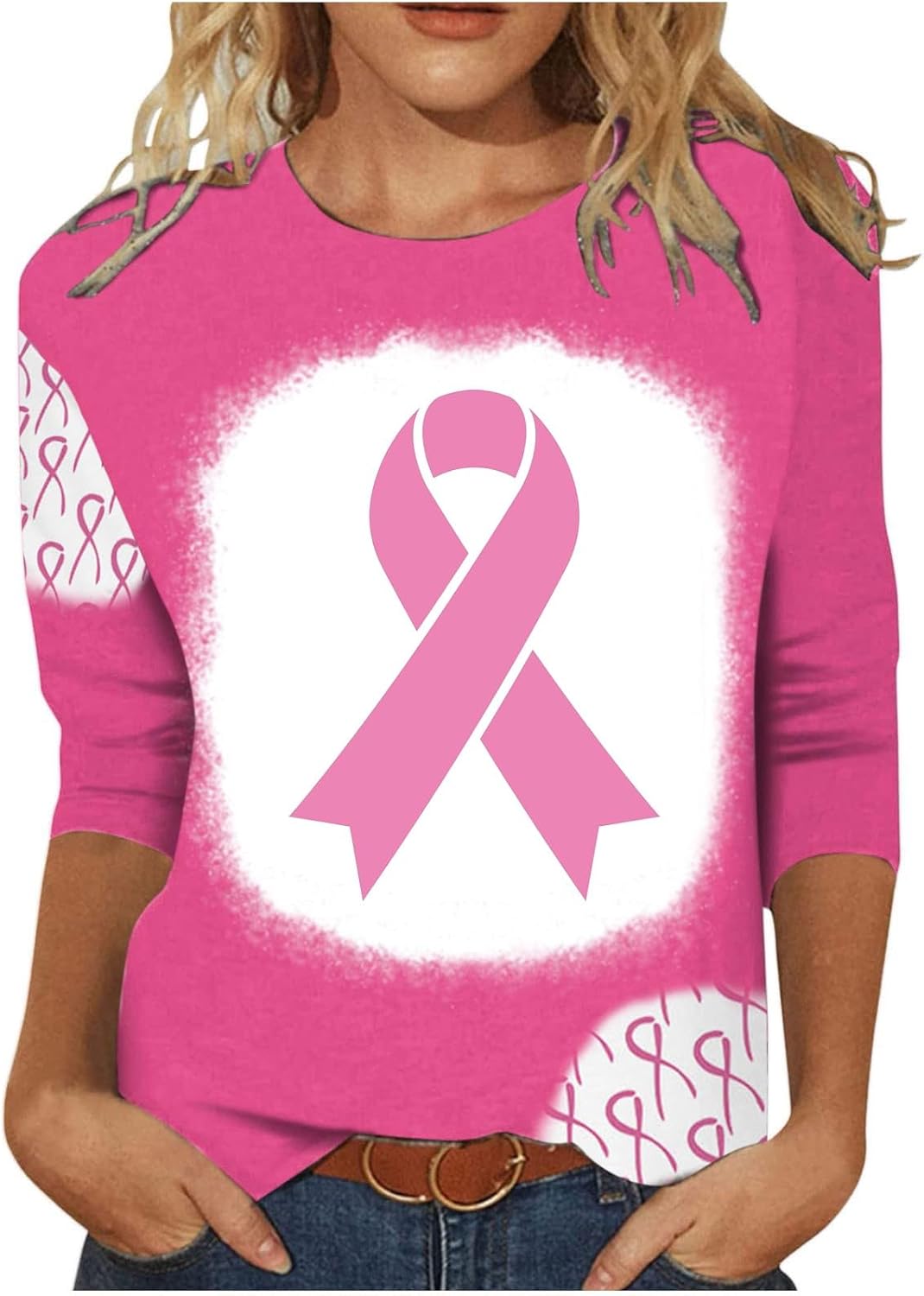 Ceboyel Womens Breast Cancer Awareness Shirts 34 Sleeve Tops Funny Football Ribbon Graphic Tshirts Clothes