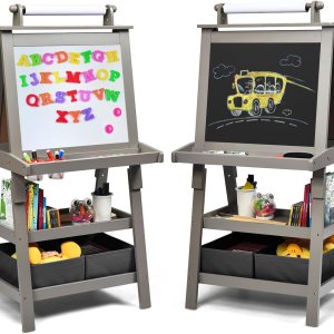 HONEY JOY Caballete de arte para niños, caballete de madera de doble cara 3 en 1 con pizarra blanca magnética y pizarra, rollo de papel, 2 HONEY JOY Caballete de arte para niños, caballete de madera de doble cara 3 en 1 con pizarra blanca magnética y pizarra, rollo de papel, 2