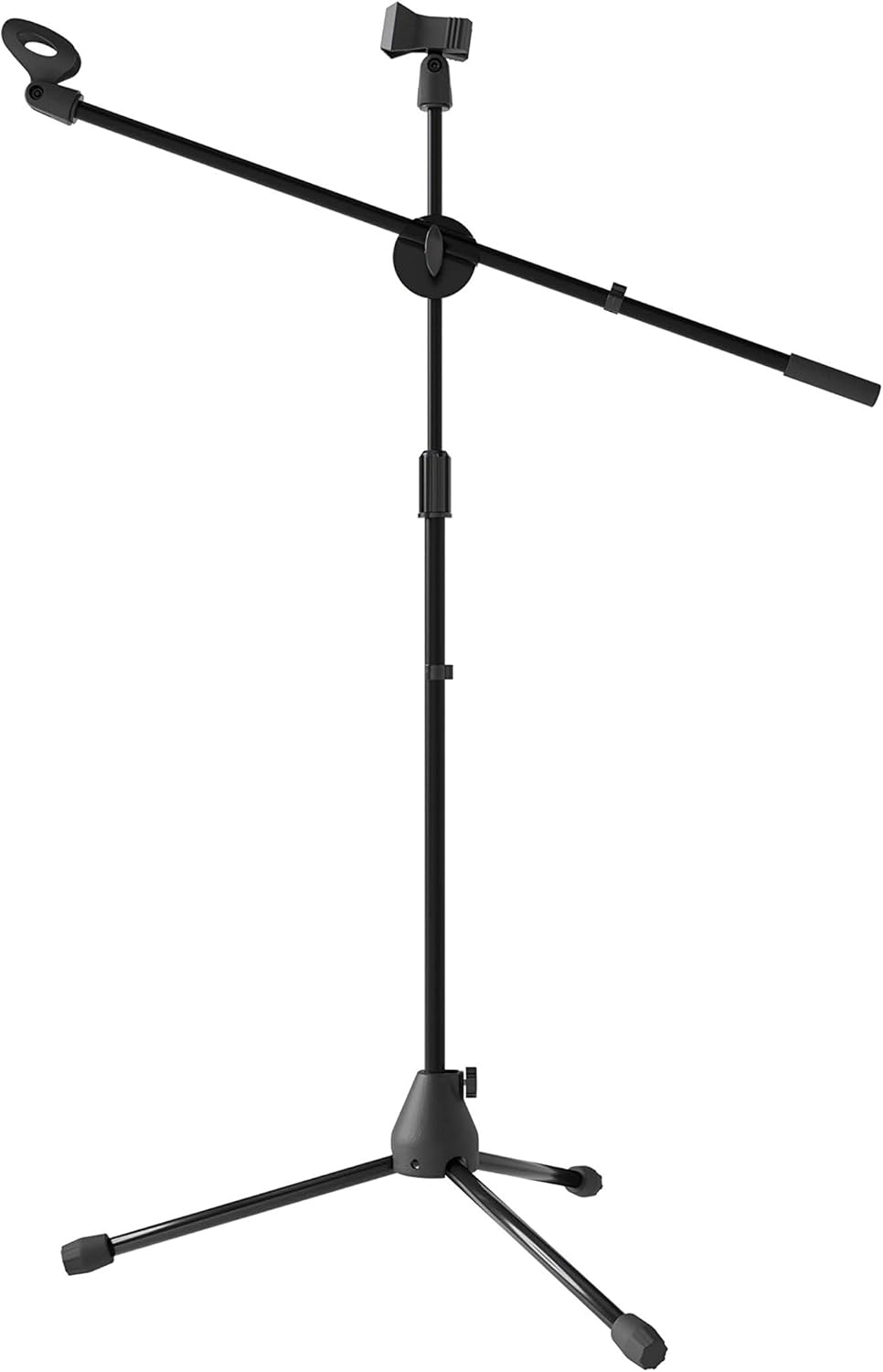 Blucoil Soporte de micrófono ajustable con altura de 2.3 a 4.1 pies, brazo giratorio de pluma, base de trípode, clips de micrófono duales,
