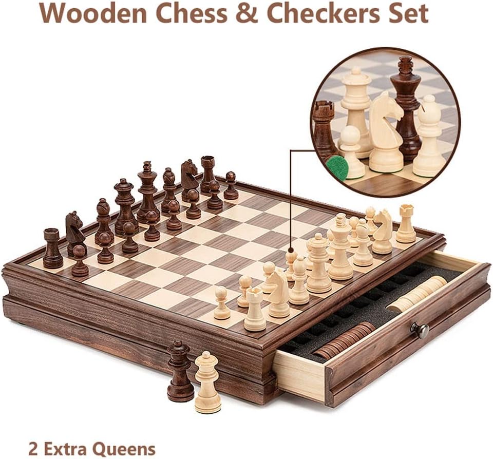 ROLTIN Juego de ajedrez de madera 2 en 1 con cajones, juego de tablero de ajedrez hecho a mano con damas y 2 reinas adicionales, ajedrez de lujo de