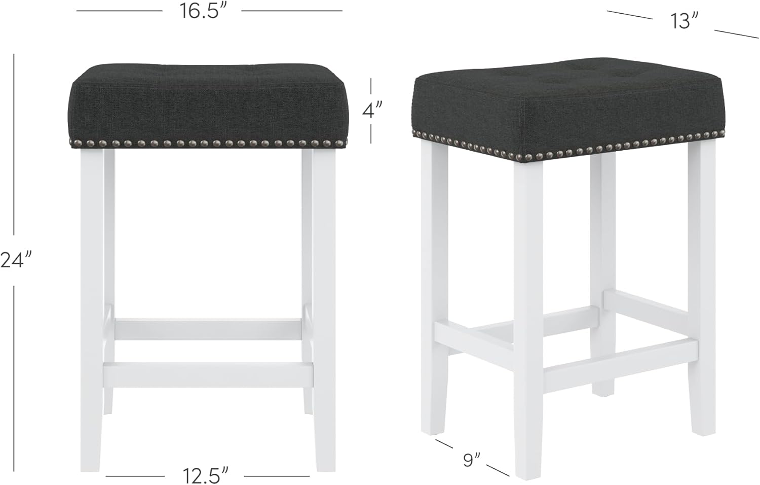 Nathan James Hylie Juego de 2 taburetes de madera para cubierta de cocina, altura de pub, 24 pulgadas, tupido, con tachuelas de tapicería, grisblanco