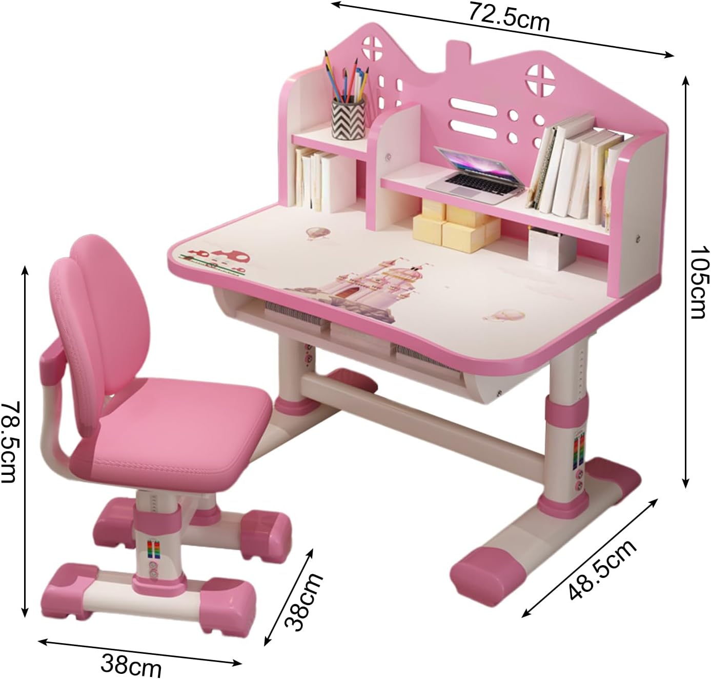 Small Desk, Standing Desk, Desk Chair Set, Widened Desktop Multi Separation Cartoon Pattern Desk Chair Set Kids Adjustable Height Study Table with