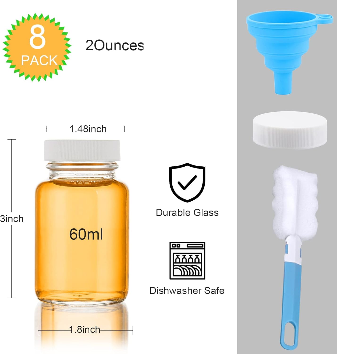 LOVLLE Botellas de vidrio para zumo con tapas, paquete de 8 frascos pequeños transparentes reutilizables de 2 onzas con tapas para exprimir líquidos