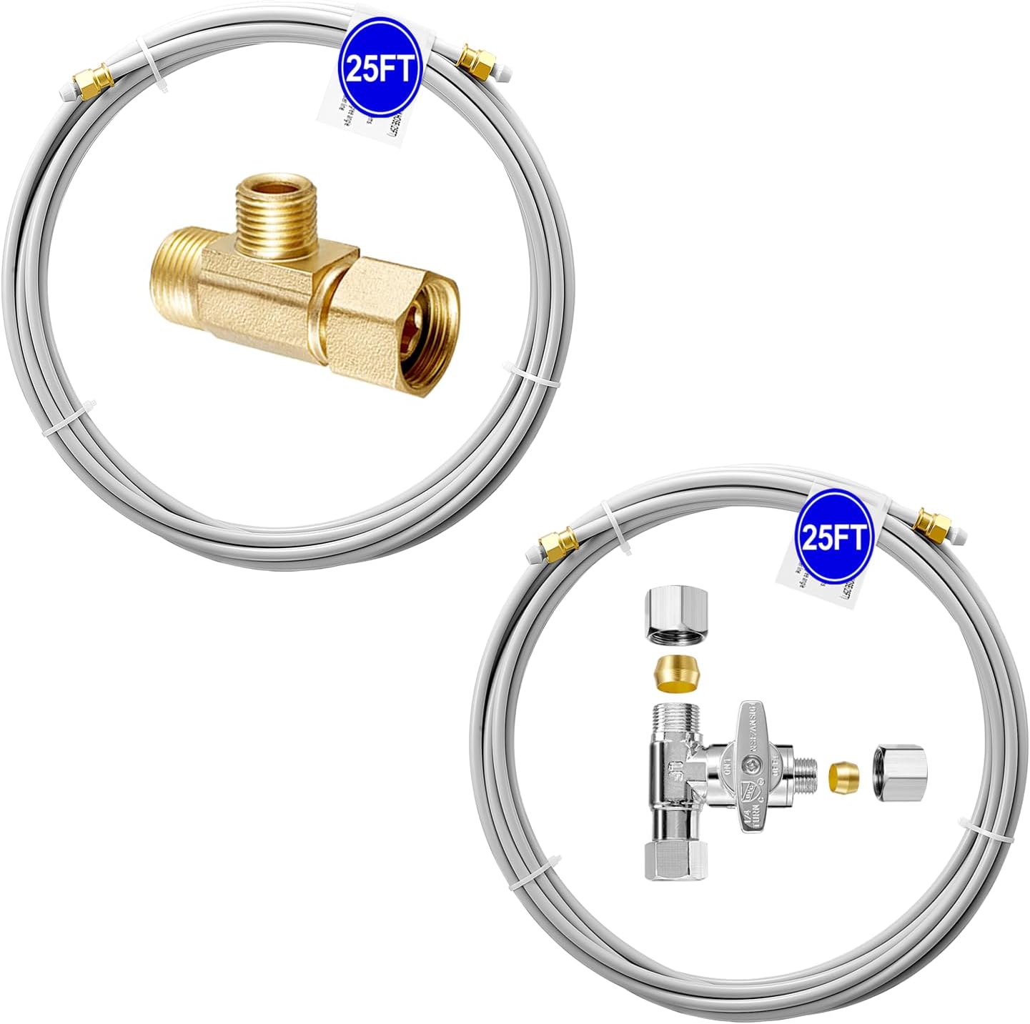 PEX – Kit de línea de agua para refrigerador, tubo para máquina de hielo de 25 pies con T, manguera flexible con accesorios de compresión de 14