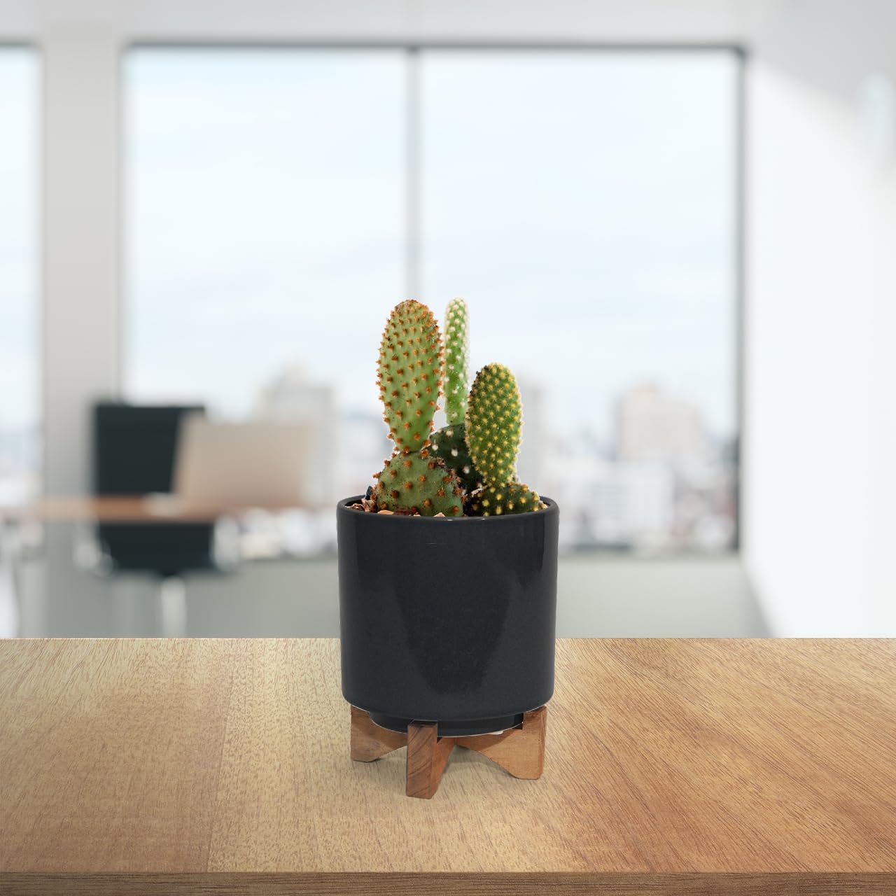 Maceta de cerámica con soporte de madera, maceta de 6.5 pulgadas de altura y 5.1 pulgadas de diámetro, maceta de cerámica negra para plantas y