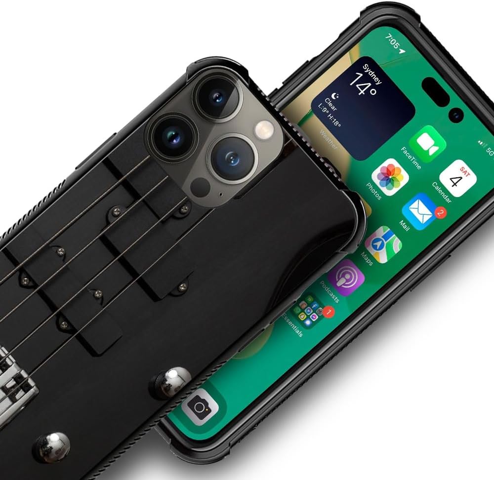 CARLOCA Funda compatible con iPhone 15 Pro, cuerdas de bajo y guitarra, patrón negro, funda para iPhone 15 Pro, ultra protección, a prueba de