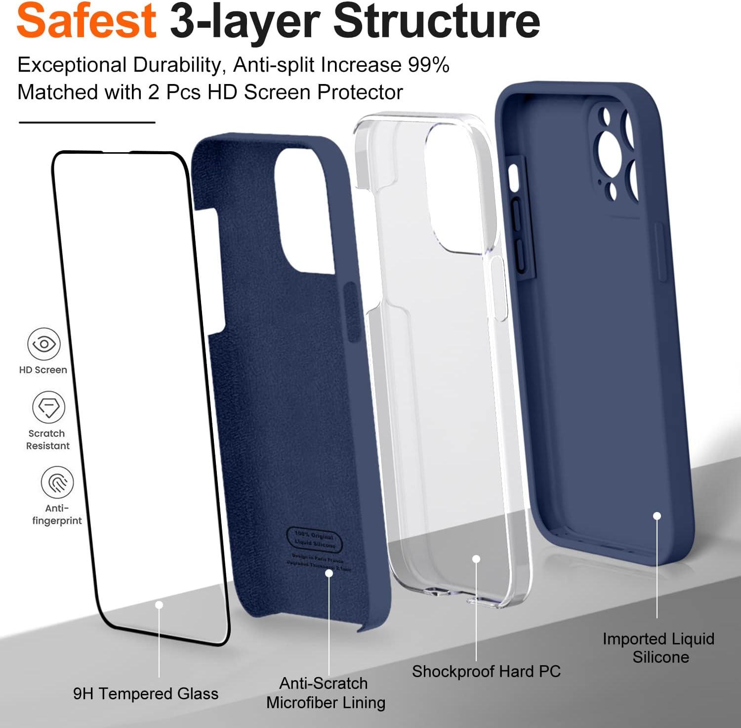 TISOOG Funda compatible con iPhone 14 Pro Max, con 2 protectores de pantalla de vidrio templado 9H, protección de cámara forro de microfibra Funda