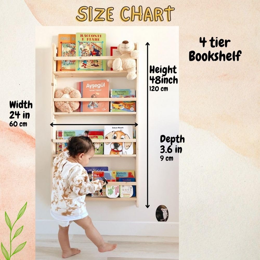 Estantería Montessori hecha a mano para niños montada en la pared, exhibición de libros de 4 niveles para dormitorio infantil, estantería de muebles