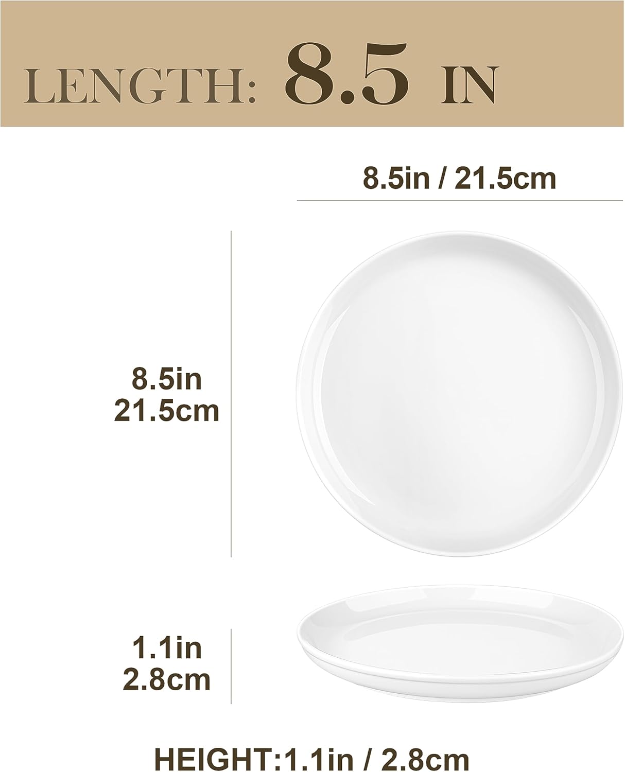 MALACASA Juego de 6 platos redondos de porcelana de 8.5 pulgadas para postre, ensalada, platos pequeños para cocina, microondas y horno, color