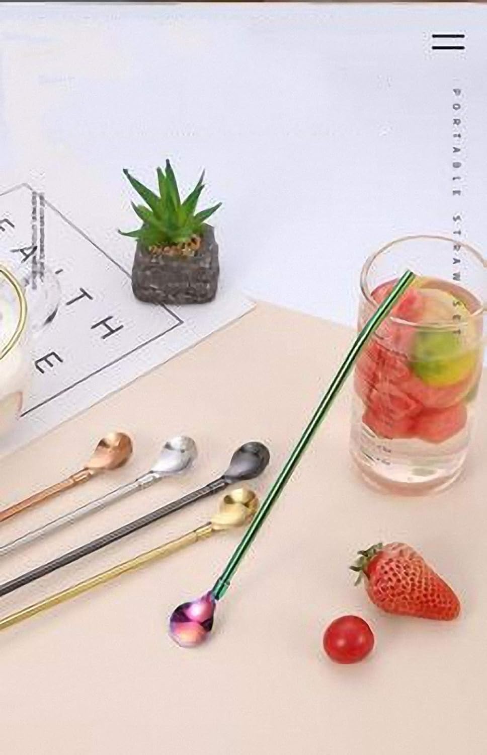 7 popotes de metal para beber con 2 cepillos de limpieza de 8.5 pulgadas, cuchara de barra reutilizable para café helado, bebida congelada, batidos,