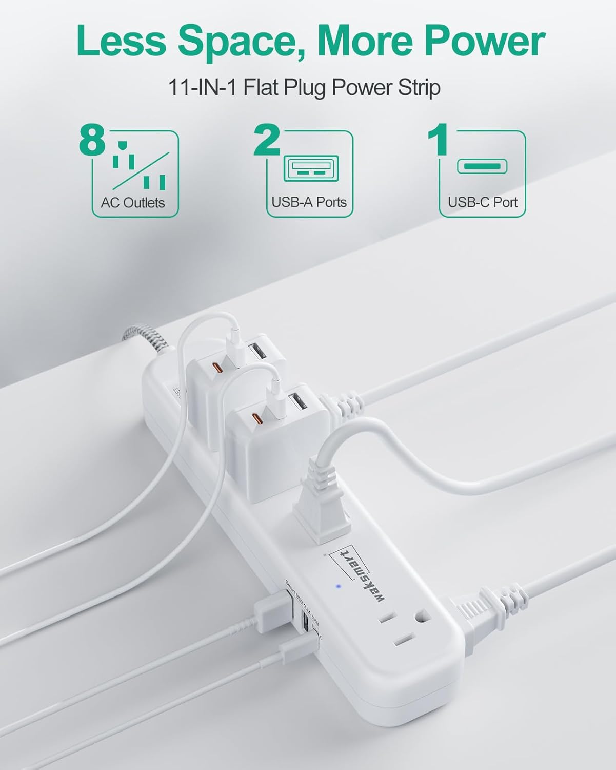 Cable de extensión plano de 20 pies, múltiples tomacorrientes, protector de sobretensiones, 8 salidas de CA, 3 USB de carga rápida (3.4 A 17 W),