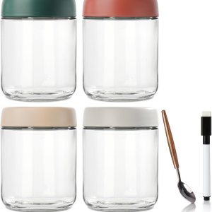 DIMBRAH Recipientes de avena con tapas, tarros Mason de 16 onzas con tapas, juego de 4, práctico recipiente de avena para llevar, tarros de pudín de DIMBRAH Recipientes de avena con tapas, tarros Mason de 16 onzas con tapas, juego de 4, práctico recipiente de avena para llevar, tarros de pudín de