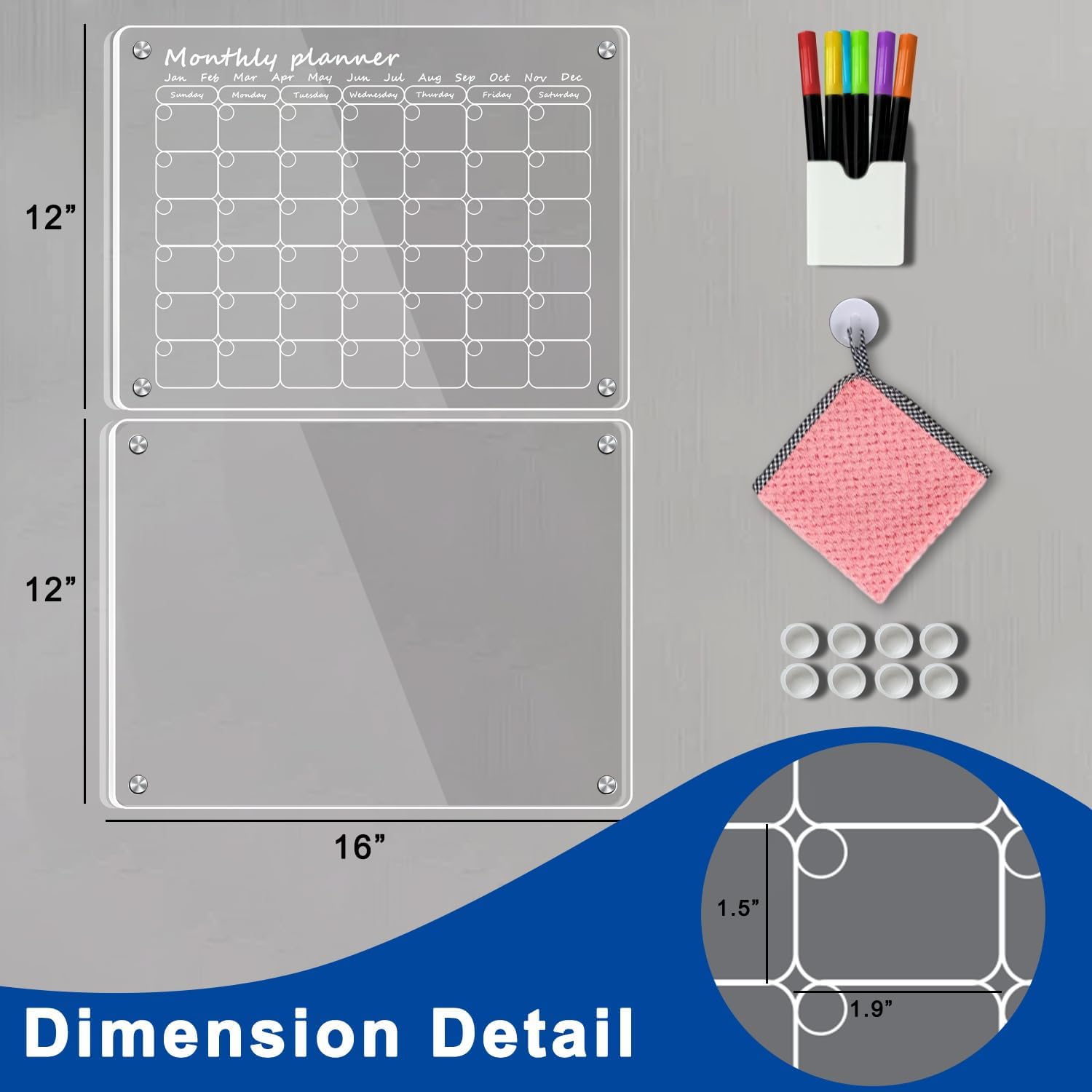 Calendario acrílico magnético para refrigerador, paquete de 2 calendarios transparentes de 12 x 16 pulgadas, juego de tablas de planificación