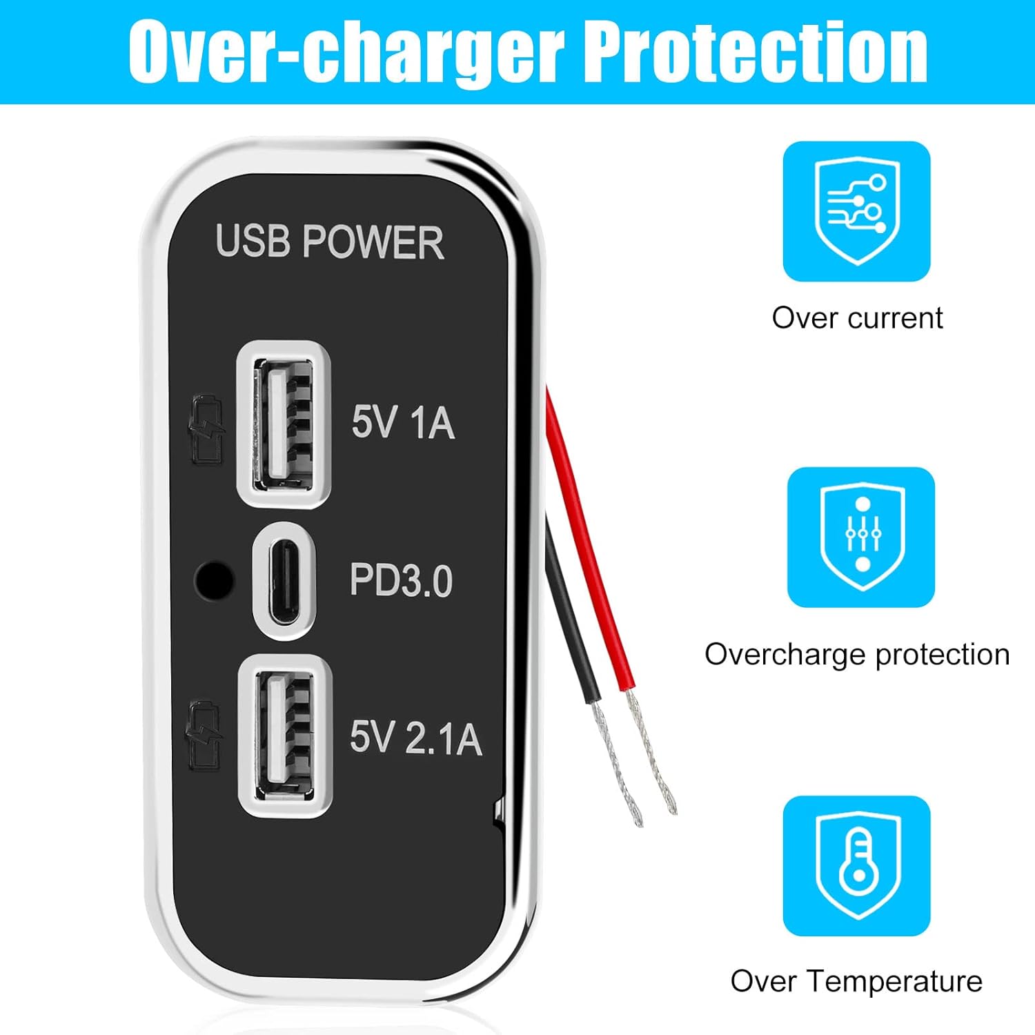 3 puertos de salida USB de 12 V, puerto USB A dual 3.1A, puerto tipo C PD QC 3.0 carga súper rápida compatible con teléfono 14 13 12, S22 S21 S20,