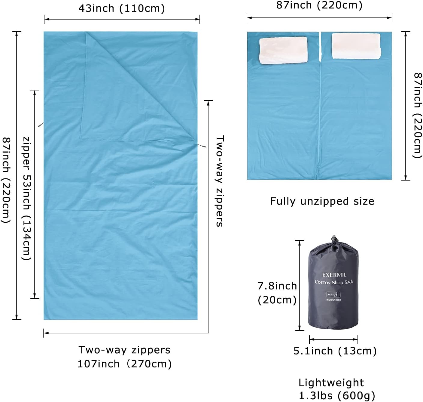 Forro para saco de dormir 100% algodón con cremalleras completas, saco de dormir grande de 87 x 43 pulgadas para adultos para viajes y campamentos,